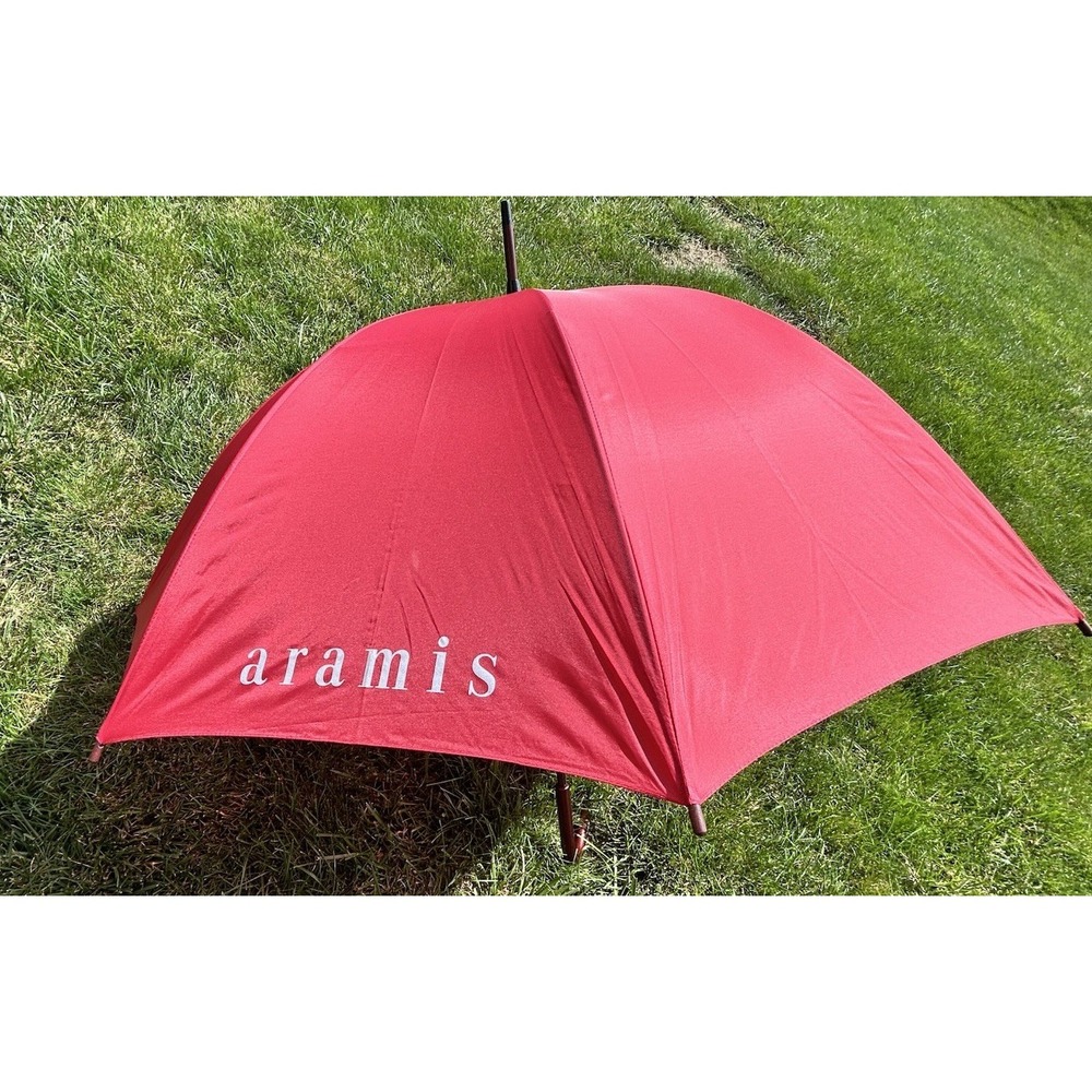 Vintage Red Aramis Umbrella‎ Parasol ~ J Shaped Wooden Handle EUC